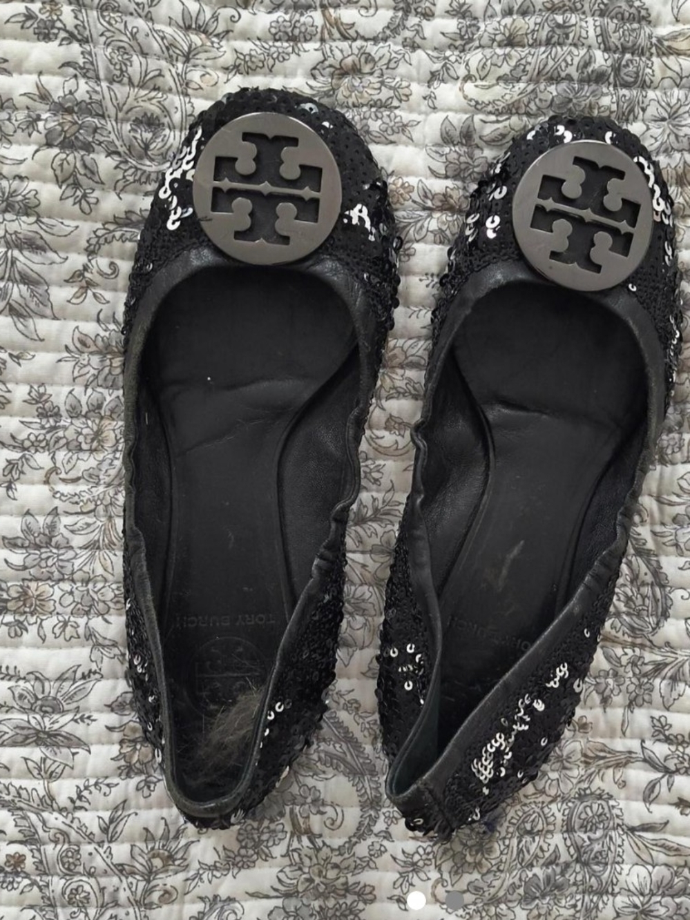 Tory Burch Black Sequin Logo Ballet Flats